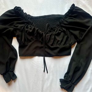 Black Smocked Crop Blouse with Long Sleeves